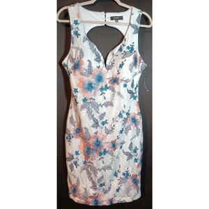New Guess Size 10 Light Blue Floral Lace Sweetheart Neck Open Back Sheath Dress